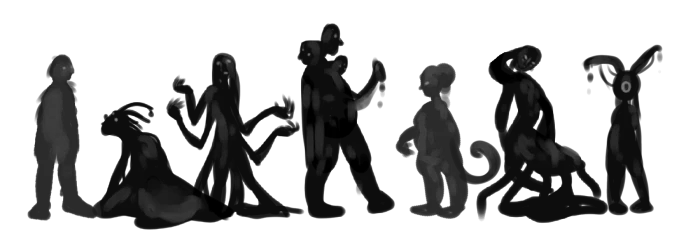 A series of Shadowfolk with various body types. Some are bipedal. Others have goo puddles for a lower body. Some have extra arms, ears, legs, or eyes. No two look exactly the same.